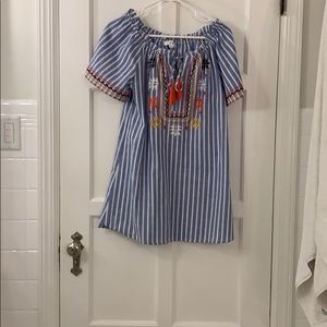 Off the shoulder boho blue and white striped dress